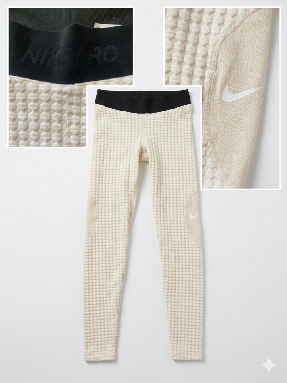 Nike Cream Textured Women Leggings with Black Waistband